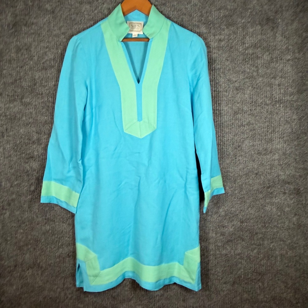 Sail to Sable Tunic Dress Womens XS Blue Mint Linen Blend Preppy Shift Designer